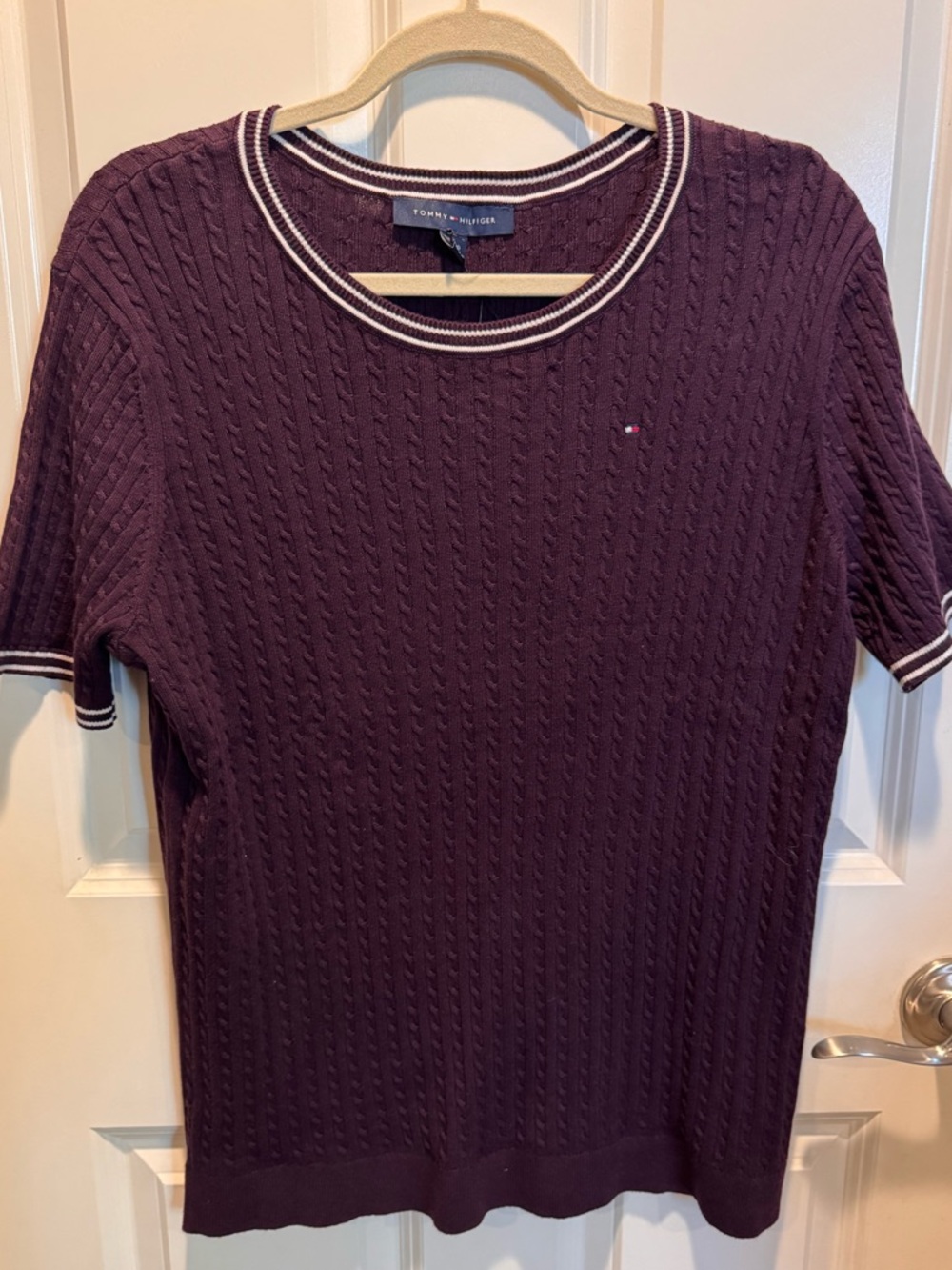 Tommy Hilfiger Plum Short Sleeve Cable Knit Top with Navy & White Trim